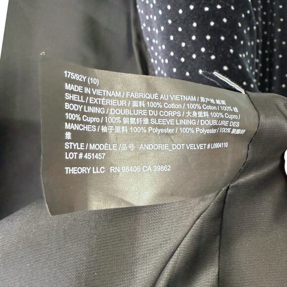 Theory Women's Size 10 Andorie Dot Velvet Jacket Black White Polka Dot Career - Picture 9 of 11